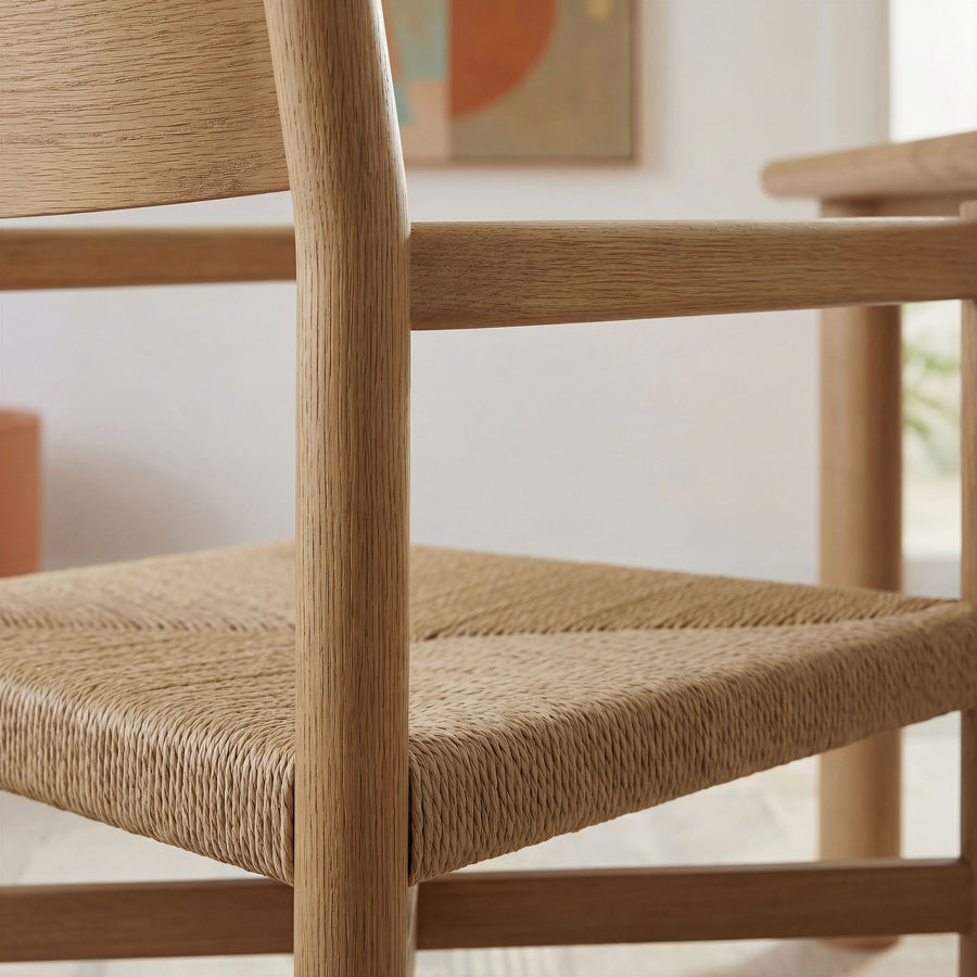 Wells Oak Wood Dining Armchairs With Woven Seats Set of 2 in Weathered Oak