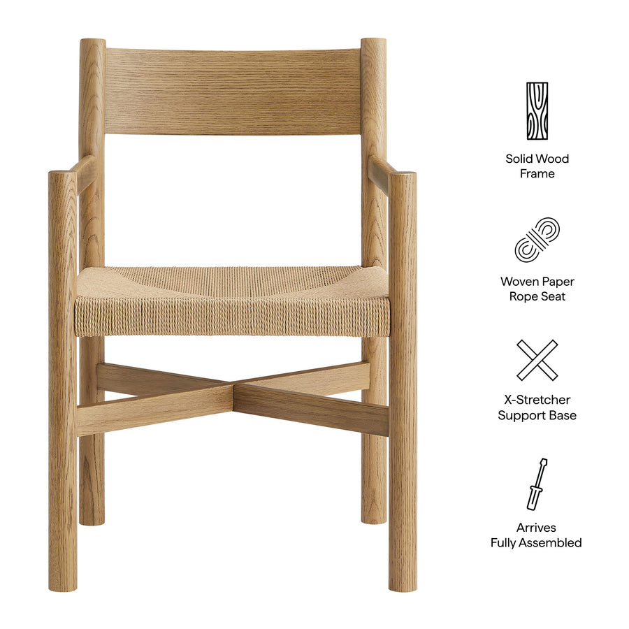 Wells Oak Wood Dining Armchairs With Woven Seats Set of 2 in Weathered Oak