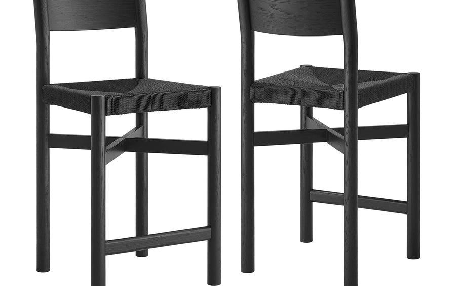 Wells Oak Wood Counter Stools With Woven Seats Set of 2 in Black