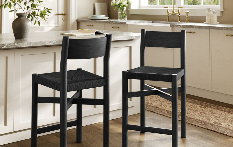 Wells Oak Wood Counter Stools With Woven Seats Set of 2 in Black