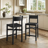Wells Oak Wood Counter Stools With Woven Seats Set of 2 in Black