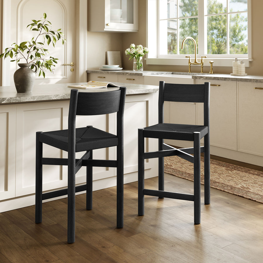 Wells Oak Wood Counter Stools With Woven Seats Set of 2 in Black