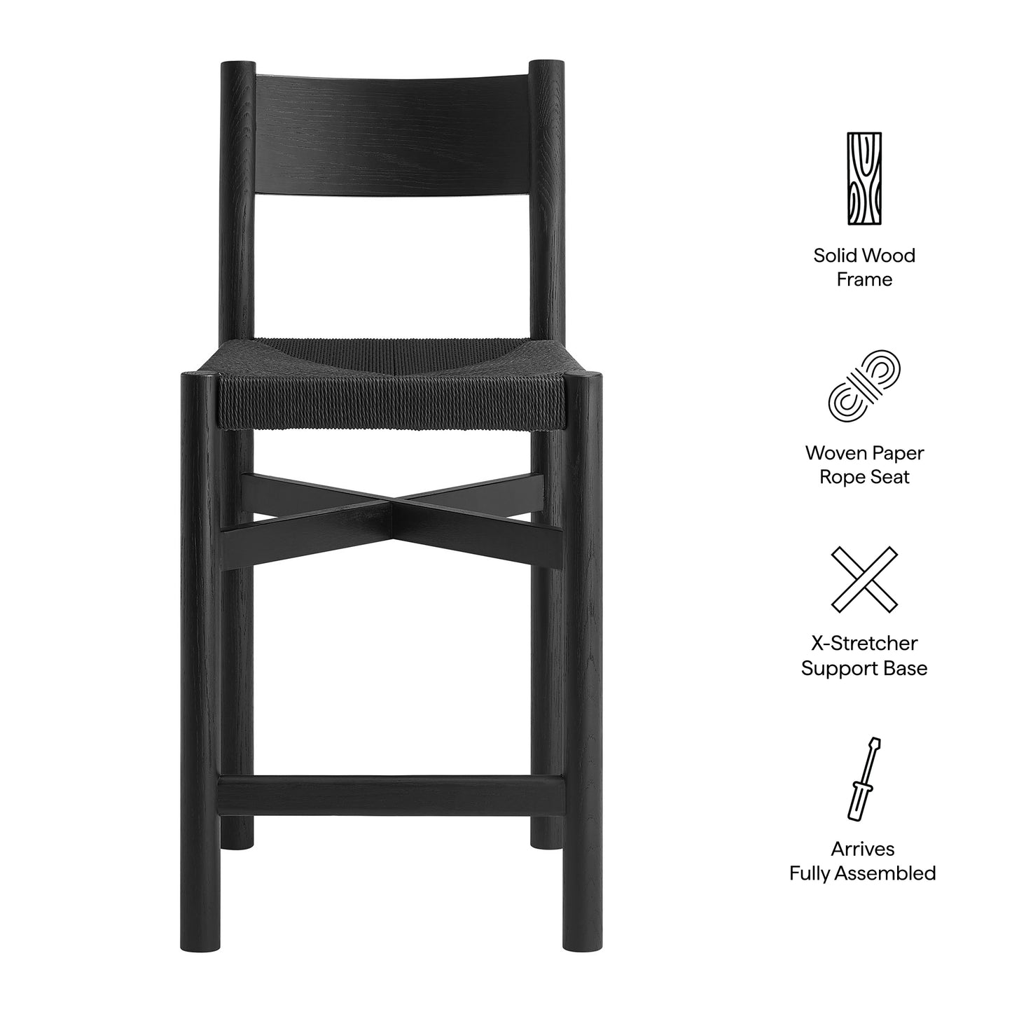 Wells Oak Wood Counter Stools With Woven Seats Set of 2 in Black