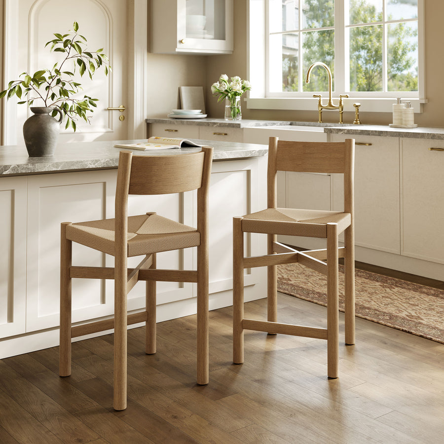 Wells Oak Wood Counter Stools With Woven Seats Set of 2 in Weathered Oak