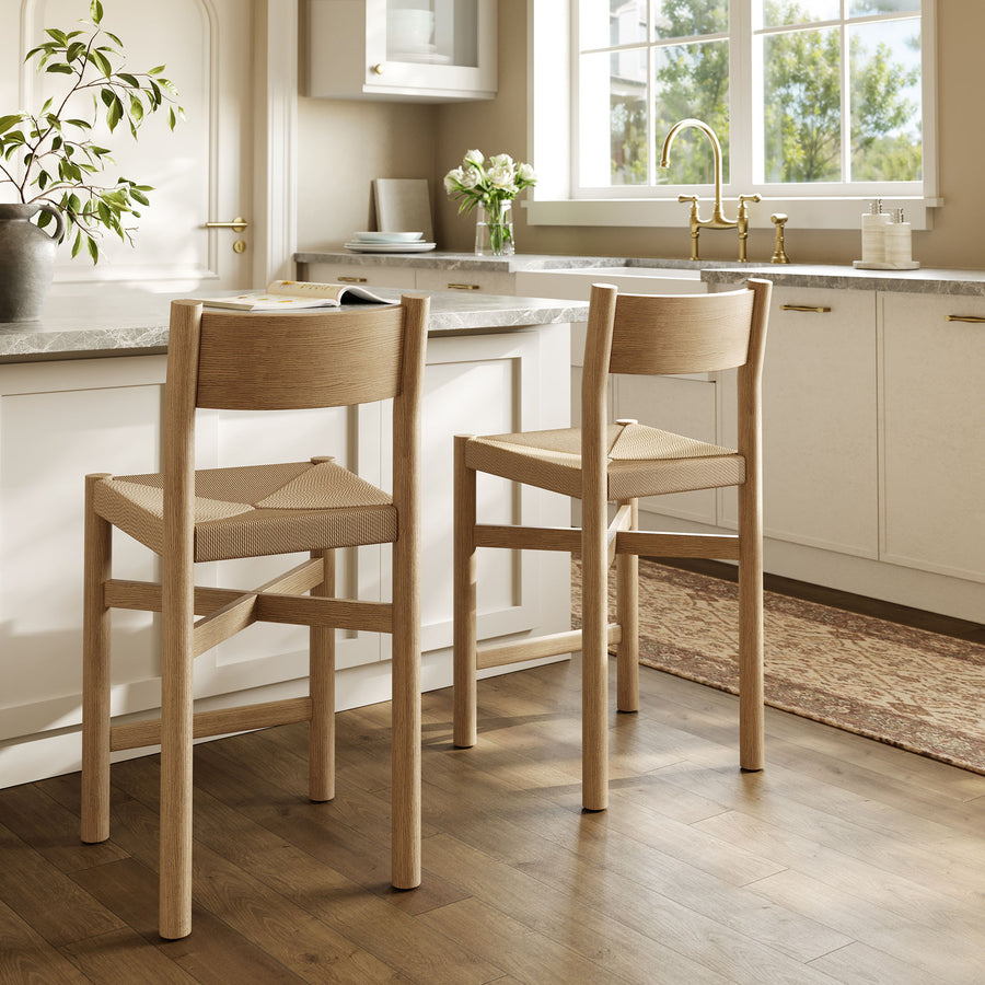 Wells Oak Wood Counter Stools With Woven Seats Set of 2 in Weathered Oak