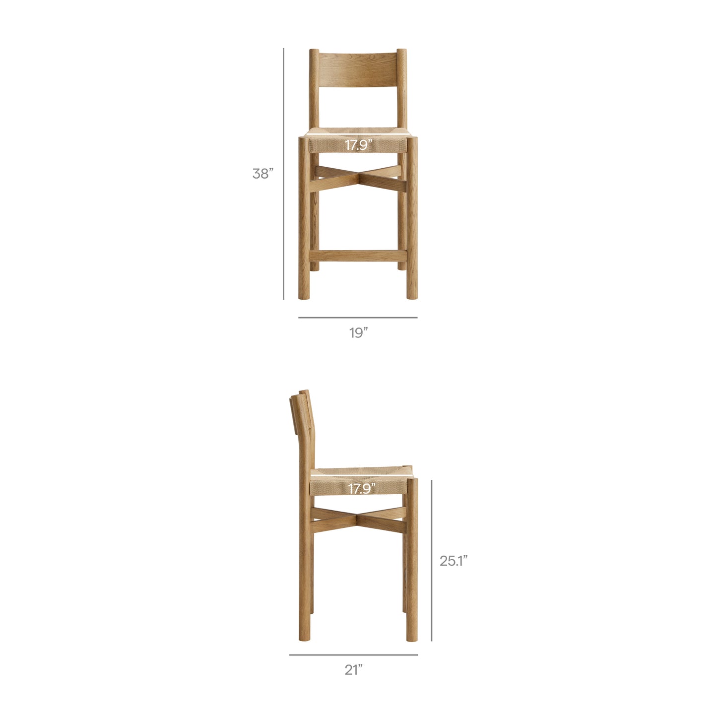 Wells Oak Wood Counter Stools With Woven Seats Set of 2 in Weathered Oak