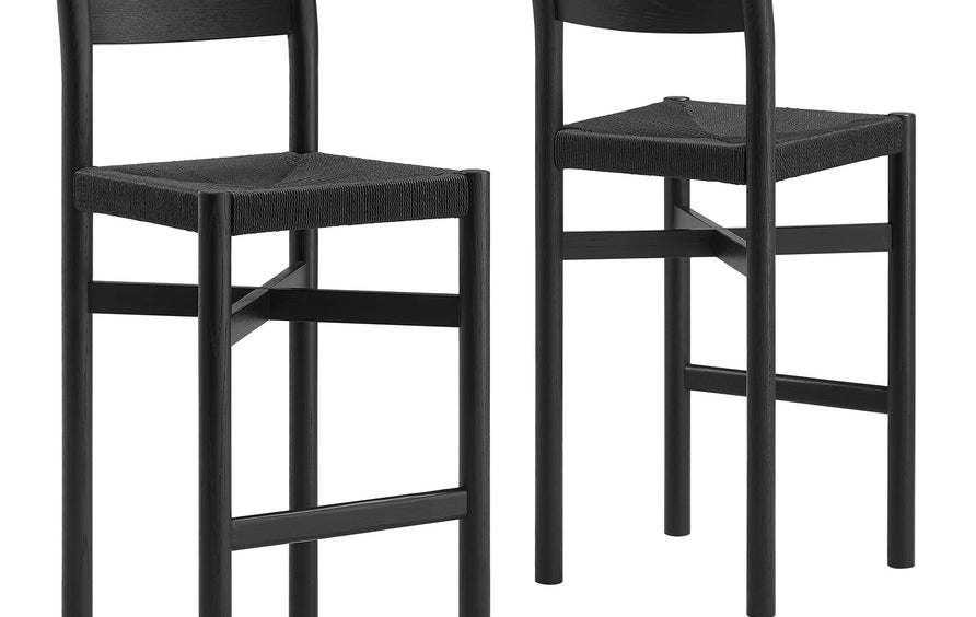 Wells Oak Wood Bar Stools With Woven Seats Set of 2 in Black