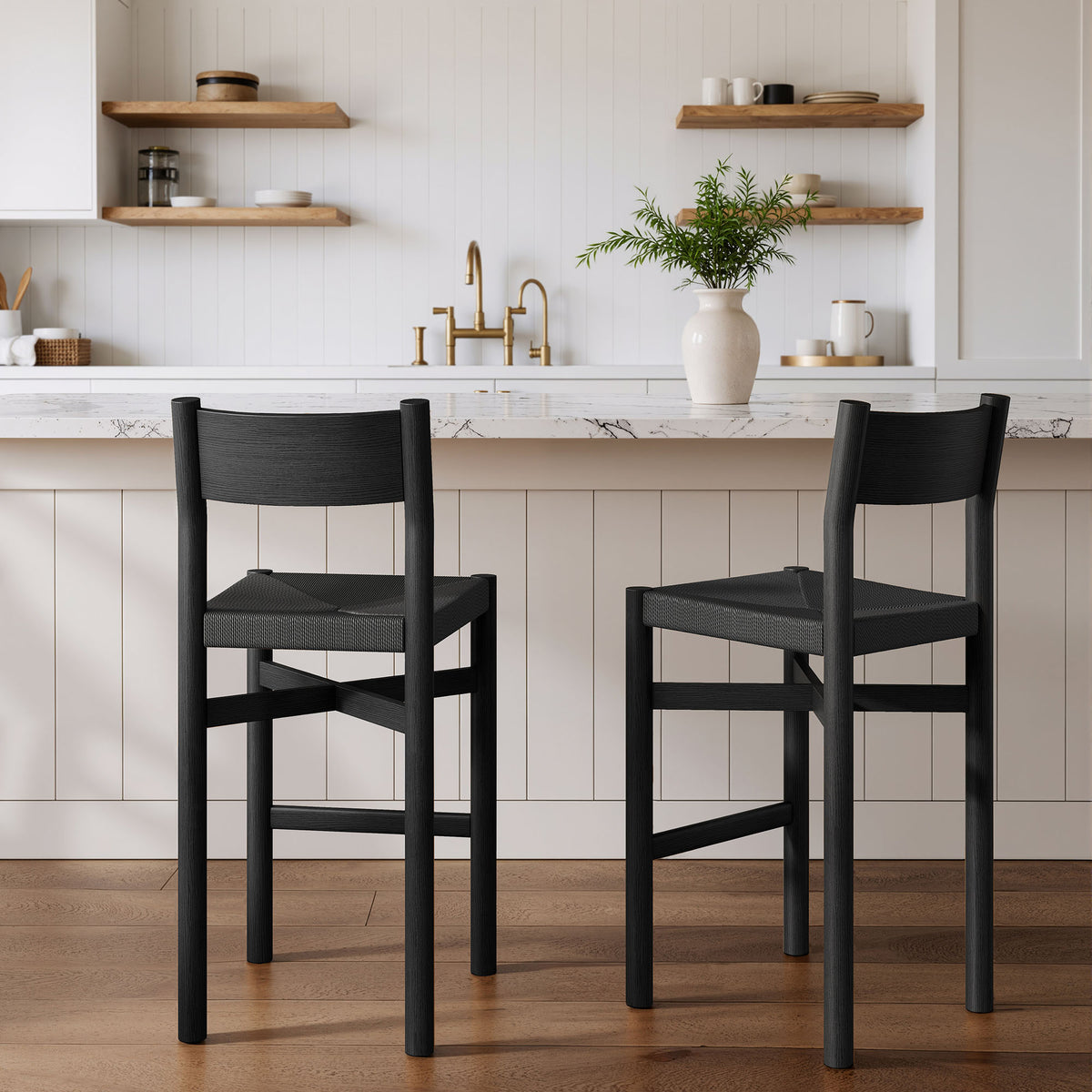 Alvia Oak Wood Bar Stools With Woven Seats Set of 2 in Black