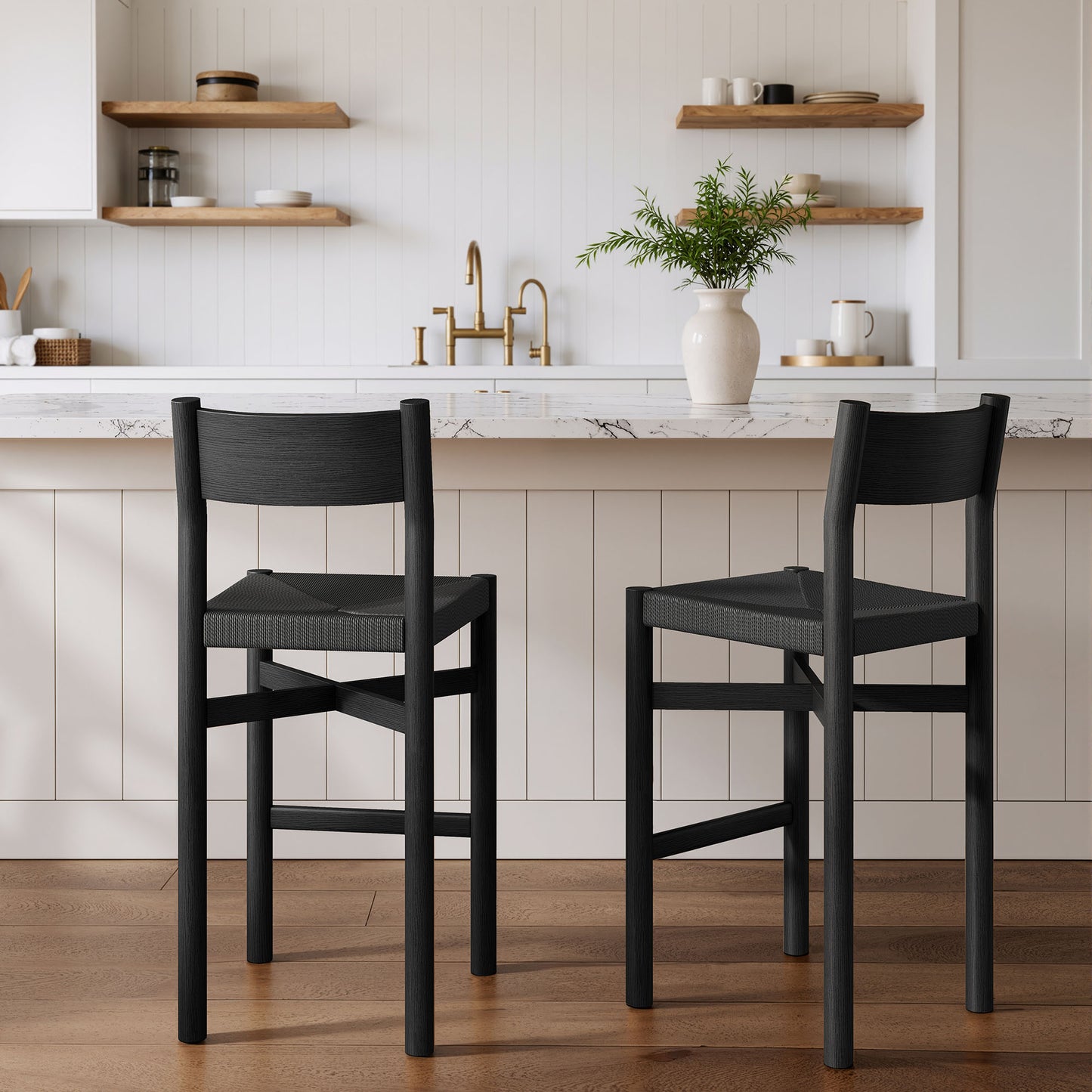 Wells Oak Wood Bar Stools With Woven Seats Set of 2 in Black