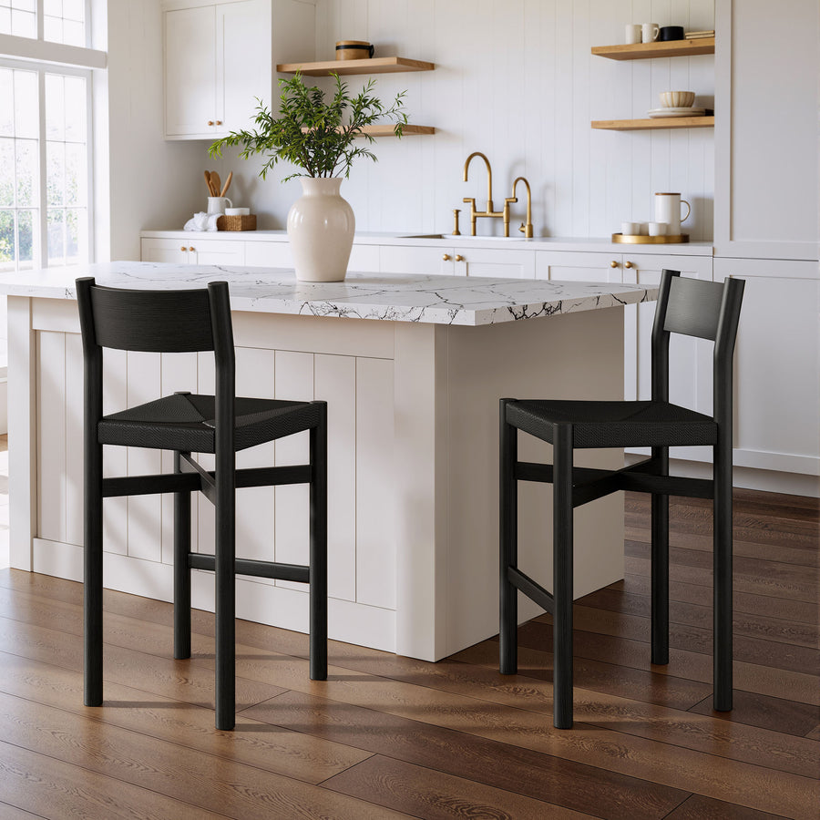 Wells Oak Wood Bar Stools With Woven Seats Set of 2 in Black