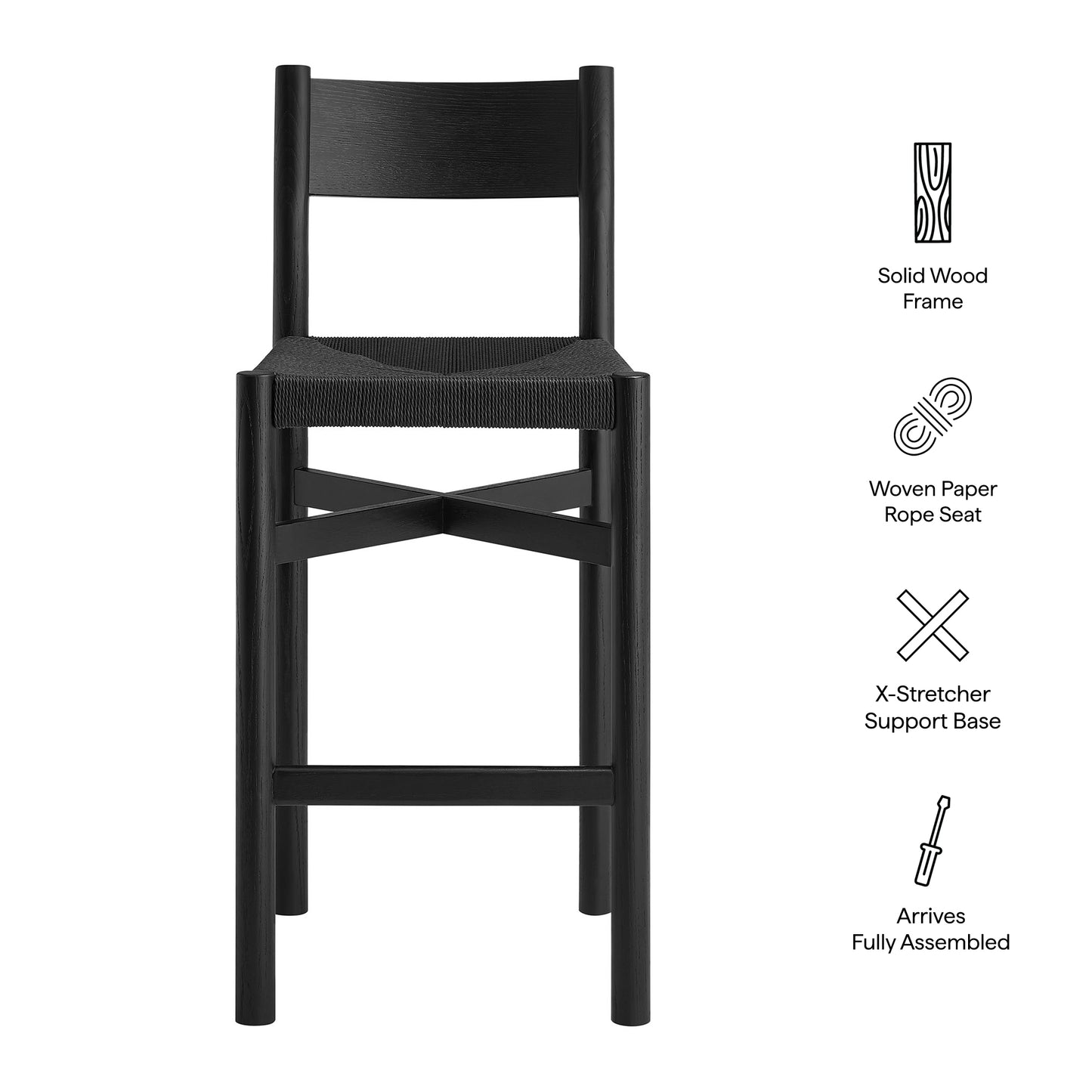 Wells Oak Wood Bar Stools With Woven Seats Set of 2 in Black