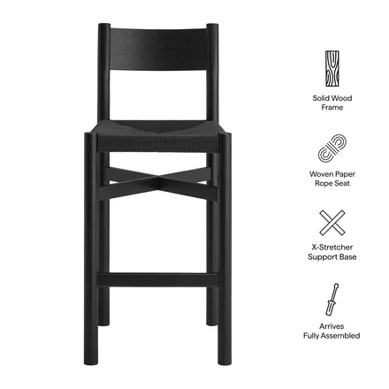 Alvia Oak Wood Bar Stools With Woven Seats Set of 2 in Black