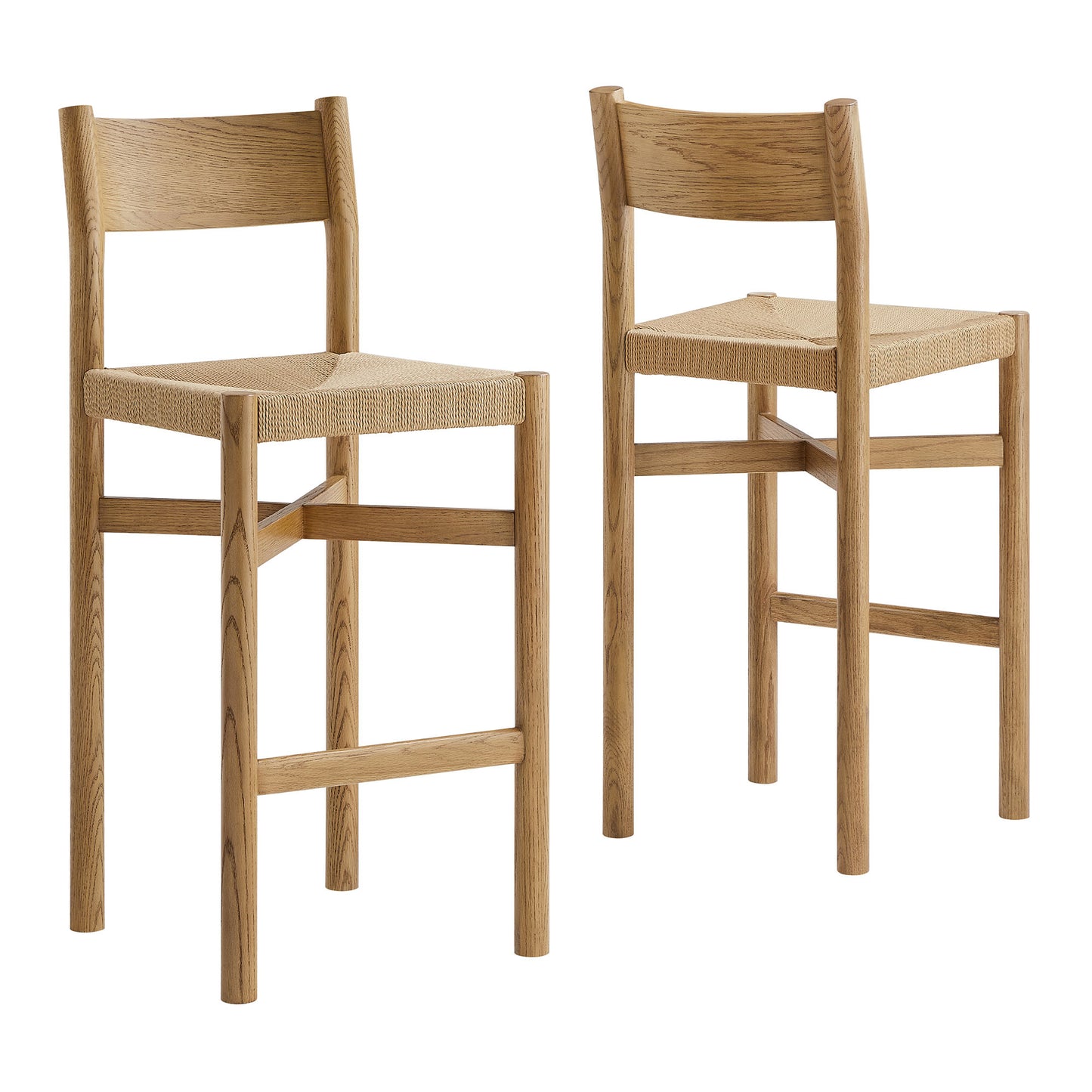 Wells Oak Wood Bar Stools With Woven Seats Set of 2 in Weathered Oak