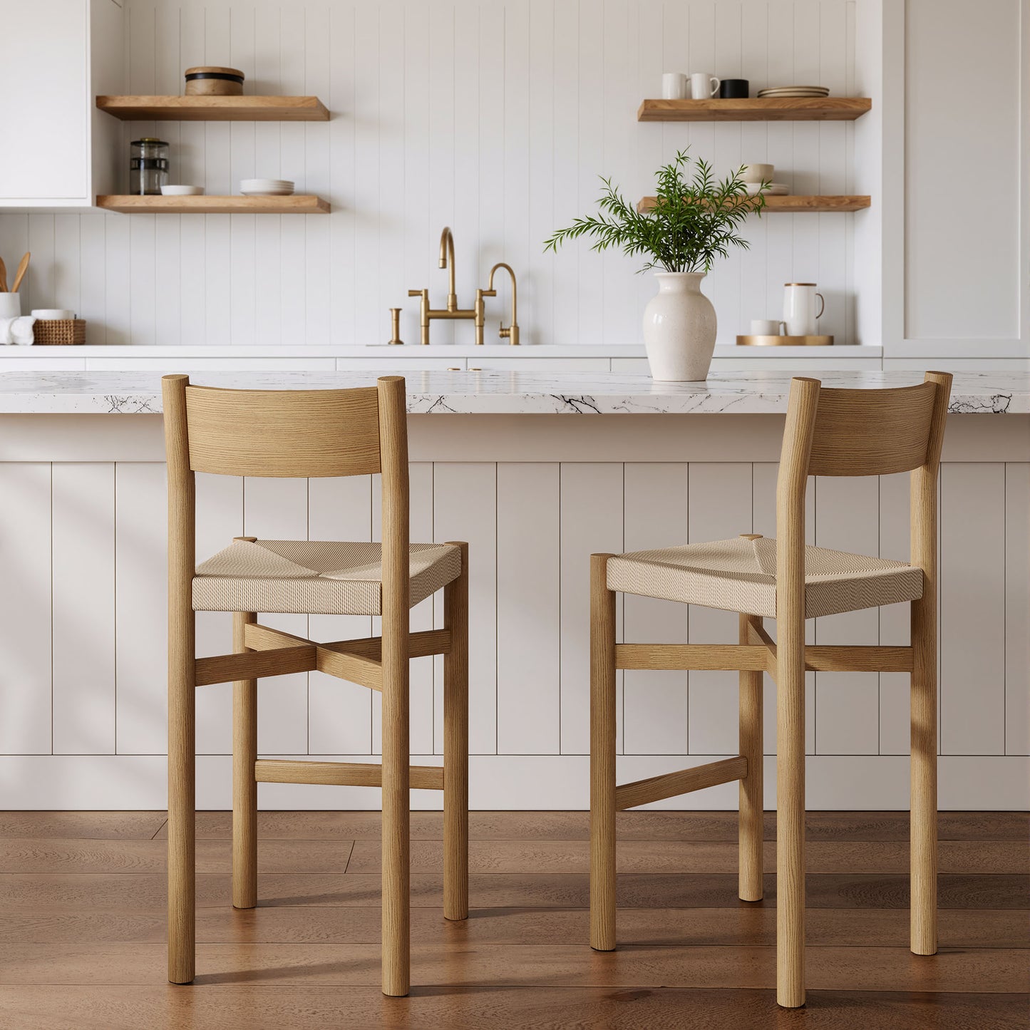 Wells Oak Wood Bar Stools With Woven Seats Set of 2 in Weathered Oak