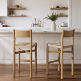 Wells Oak Wood Bar Stools With Woven Seats Set of 2 in Weathered Oak