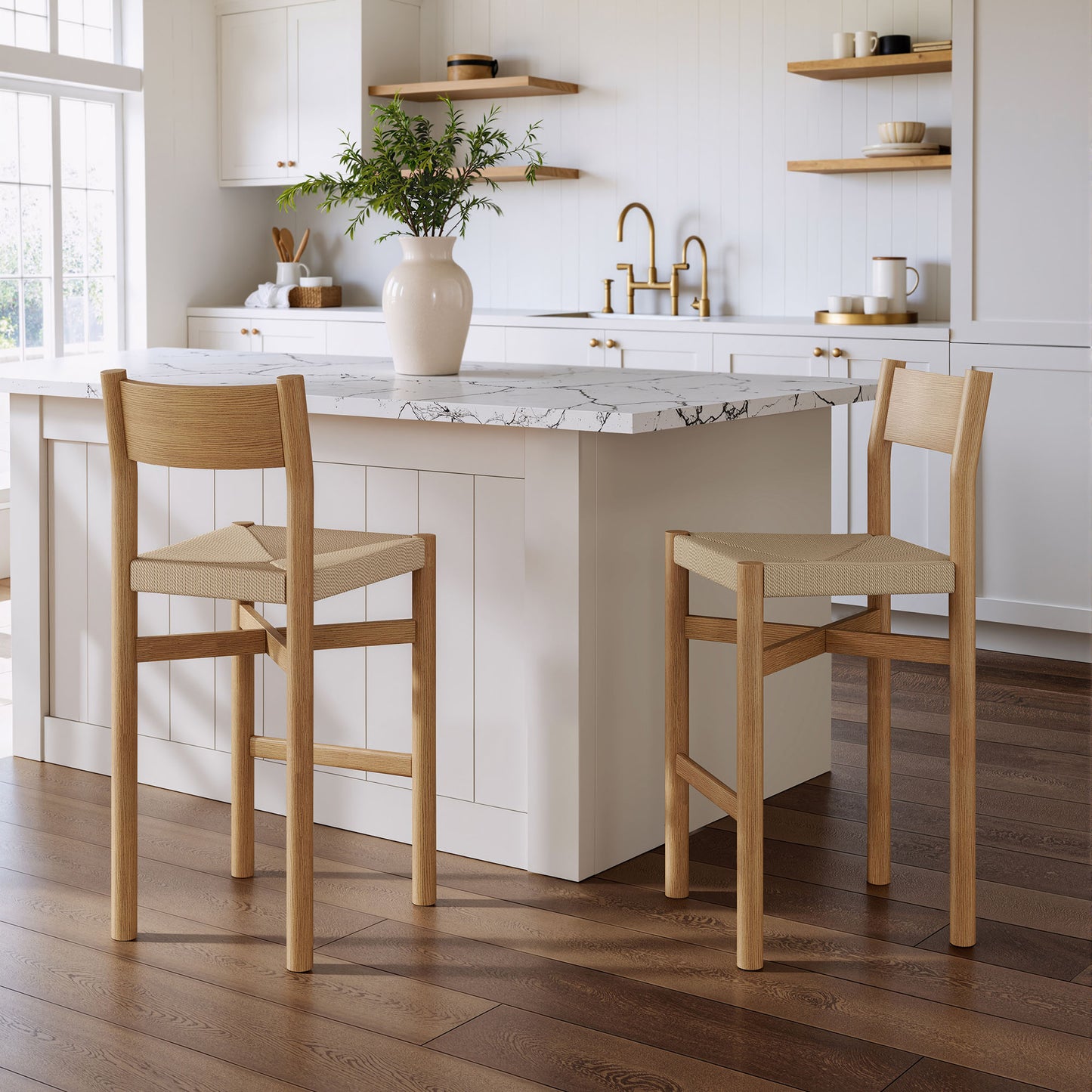 Wells Oak Wood Bar Stools With Woven Seats Set of 2 in Weathered Oak