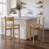 Wells Oak Wood Bar Stools With Woven Seats Set of 2 in Weathered Oak
