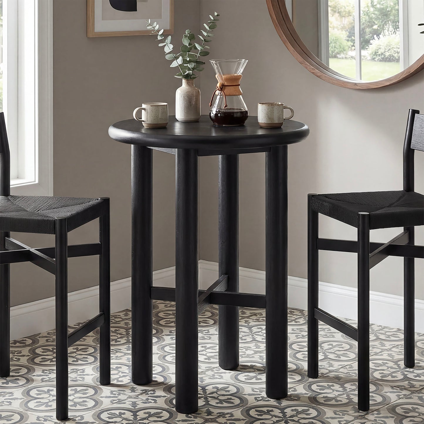 Wells Round 30" Oak Wood Bar Table in Black