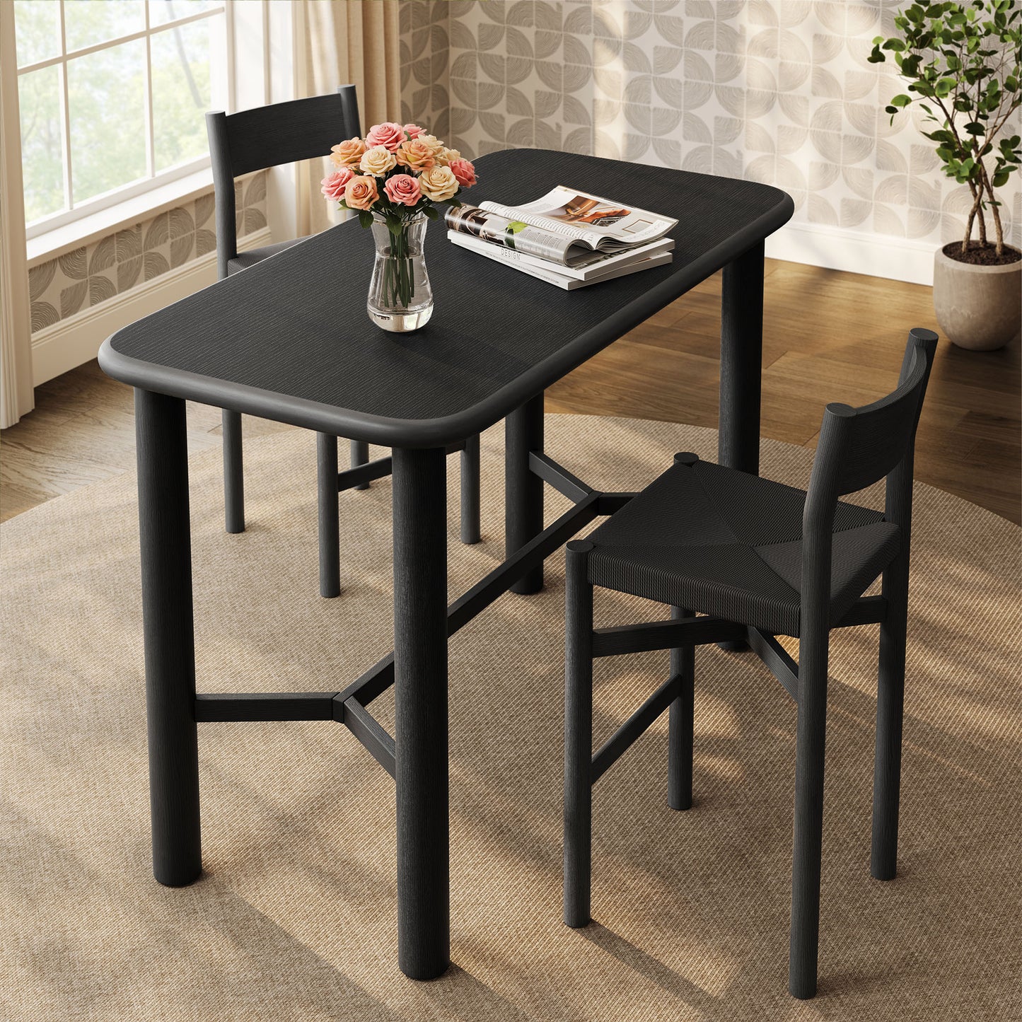 Wells Rectangular 60" Oak Wood Bar Table in Black