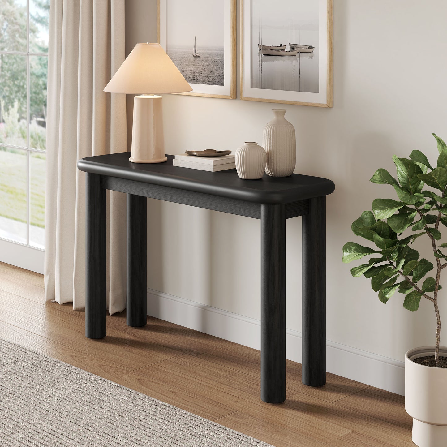Wells Oak Wood Console Table in Black