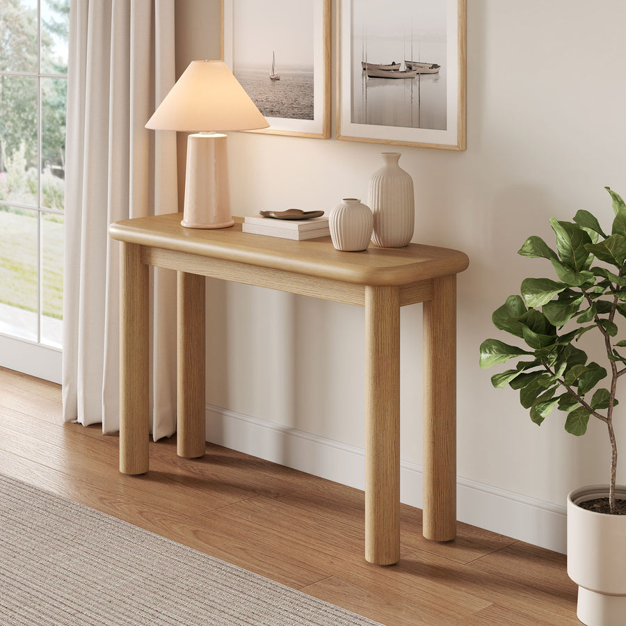 Wells Oak Wood Console Table in Weathered Oak