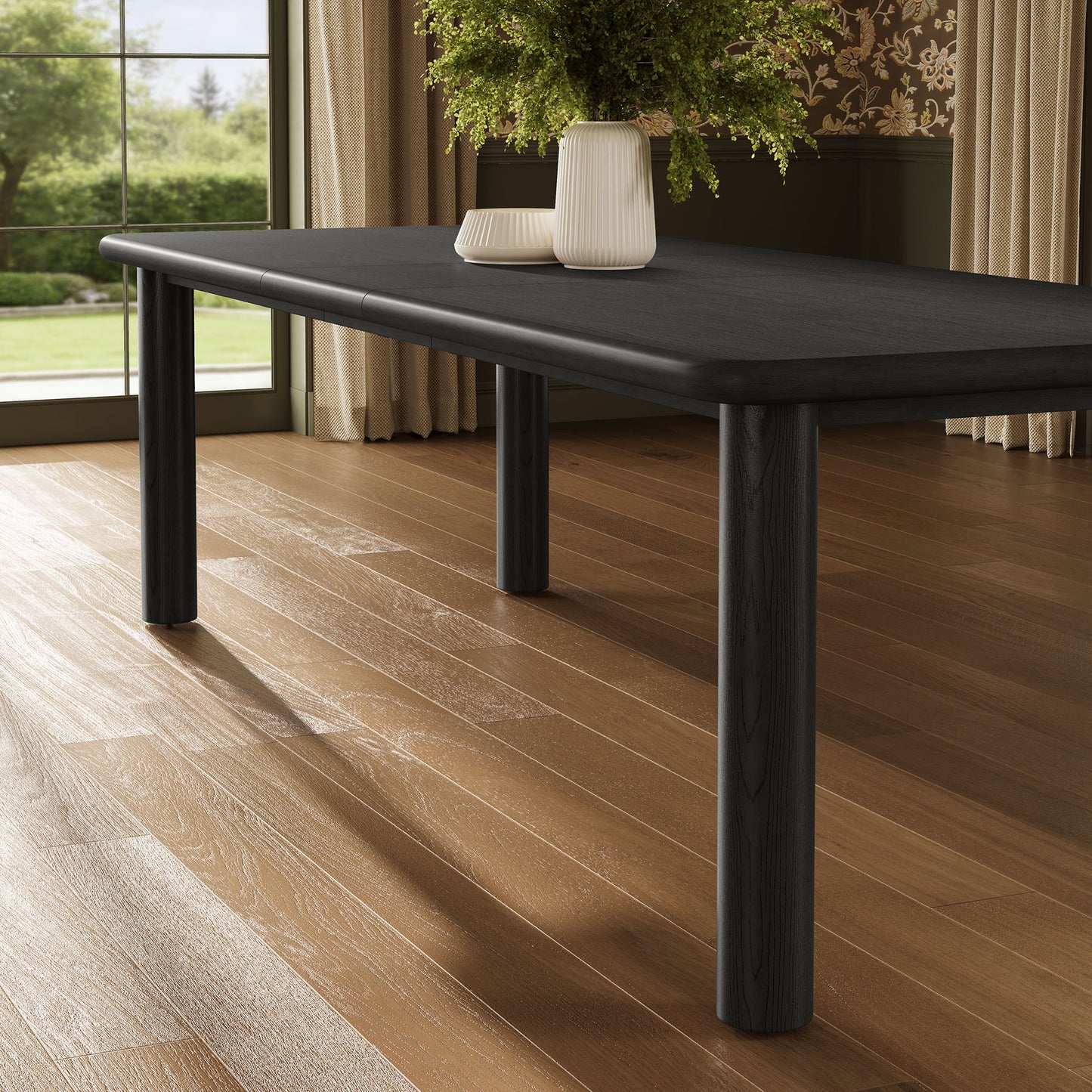 Wells 86"-105" Extendable Rectangular Oak Wood Dining Table in Black