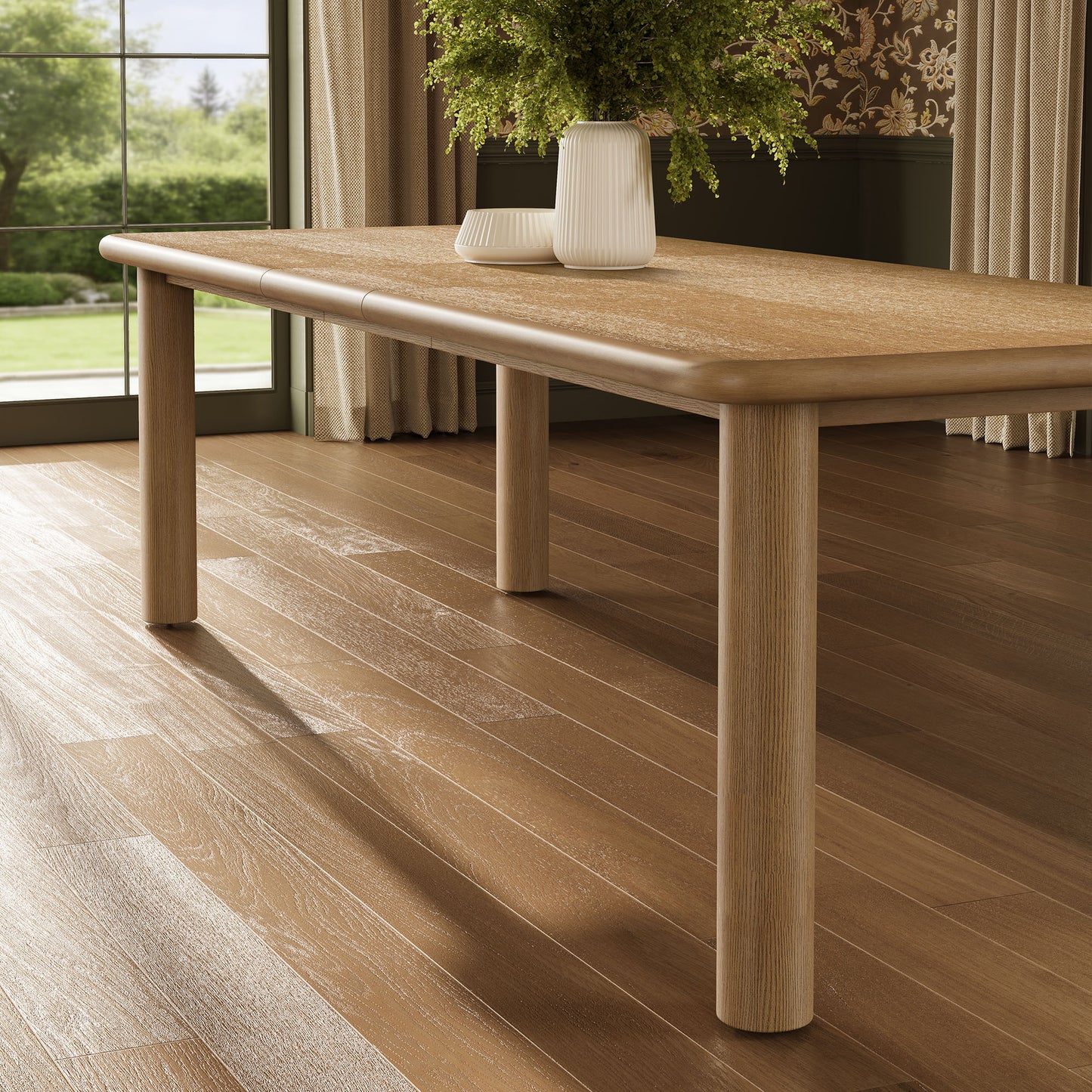 Wells 86"-105" Extendable Rectangular Oak Wood Dining Table in Weathered Oak