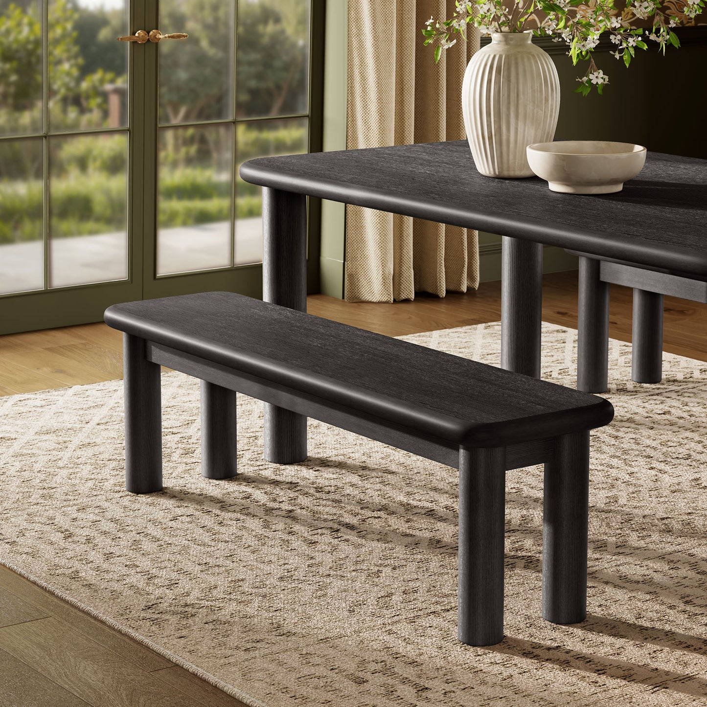 Wells 58" Oak Wood Bench in Black