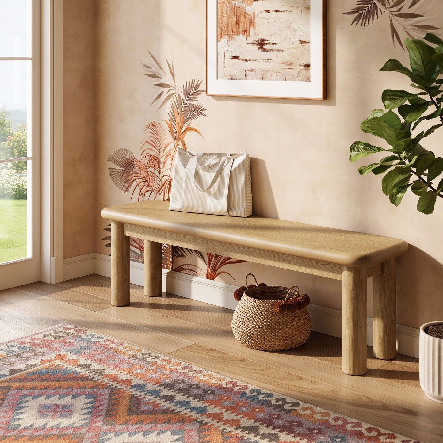 Wells 58" Oak Wood Bench in Weathered Oak