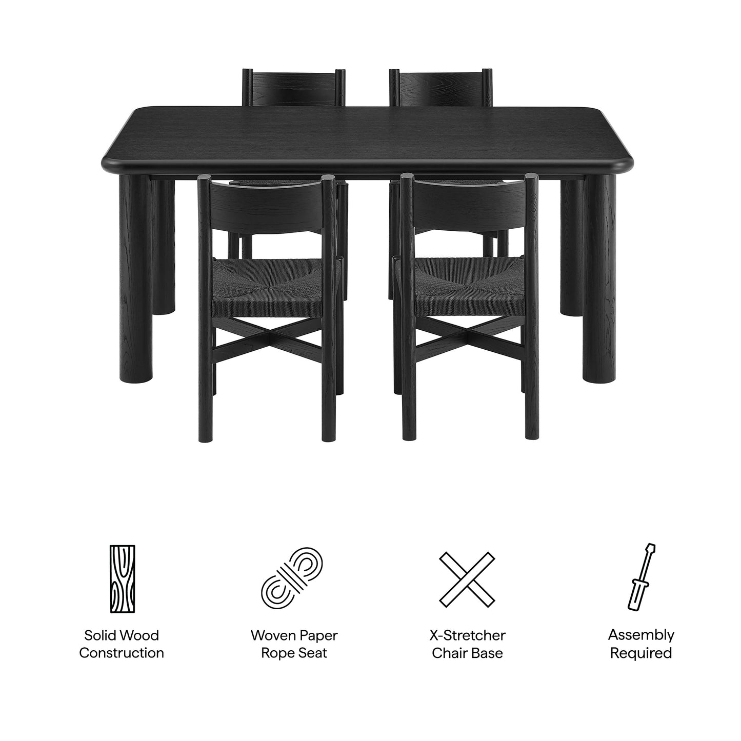 Wells 5-Piece Oak Wood Dining Table and Chairs Set in Black