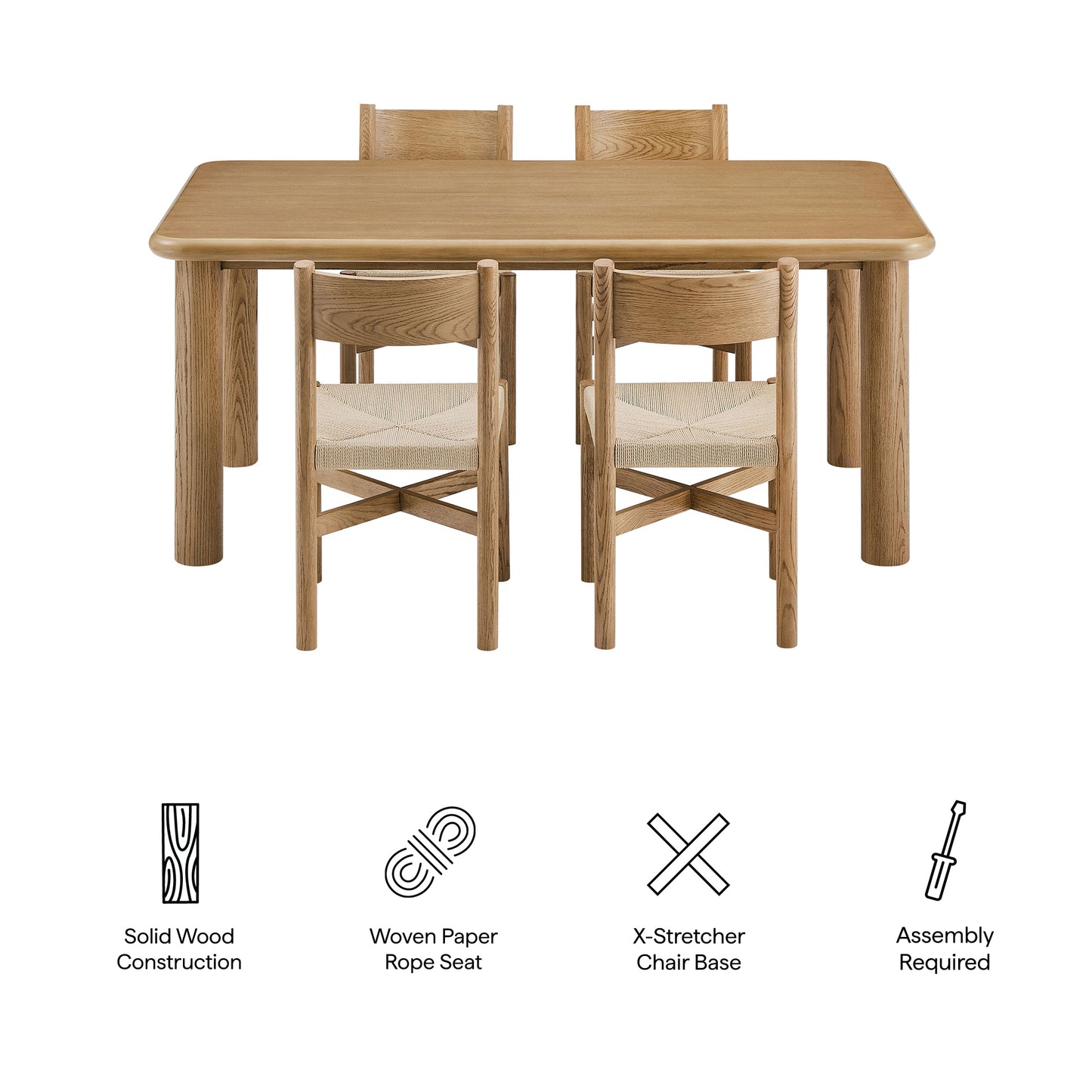 Wells 5-Piece Oak Wood Dining Table and Chairs Set in Weathered Oak