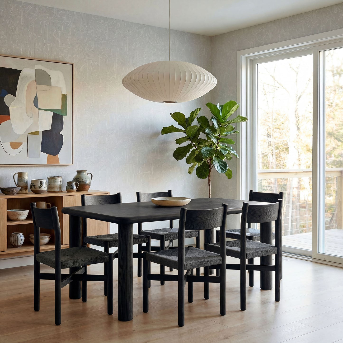 Wells 7-Piece Oak Wood Dining Table and Chairs Set in Black