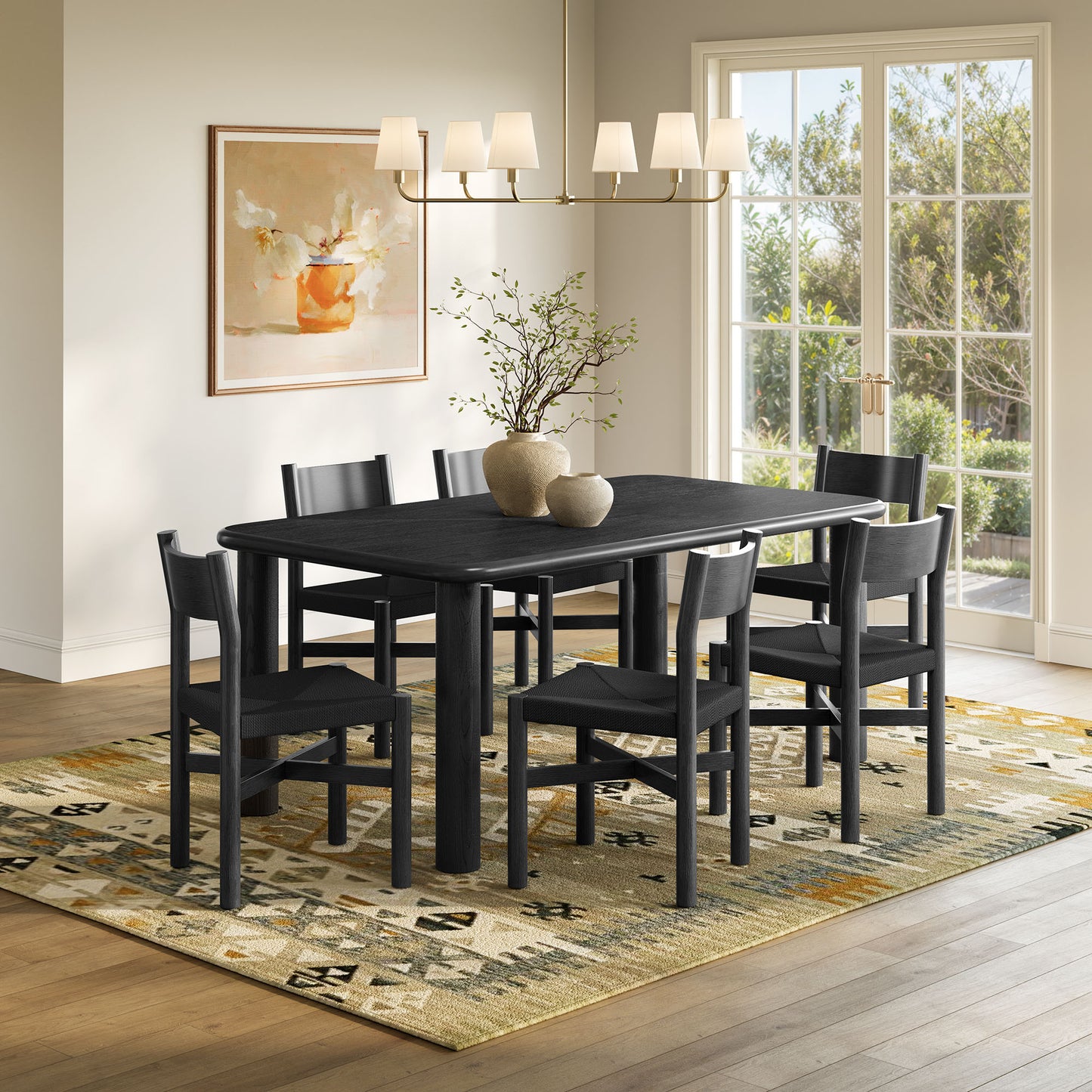 Wells 7-Piece Oak Wood Dining Table and Chairs Set in Black