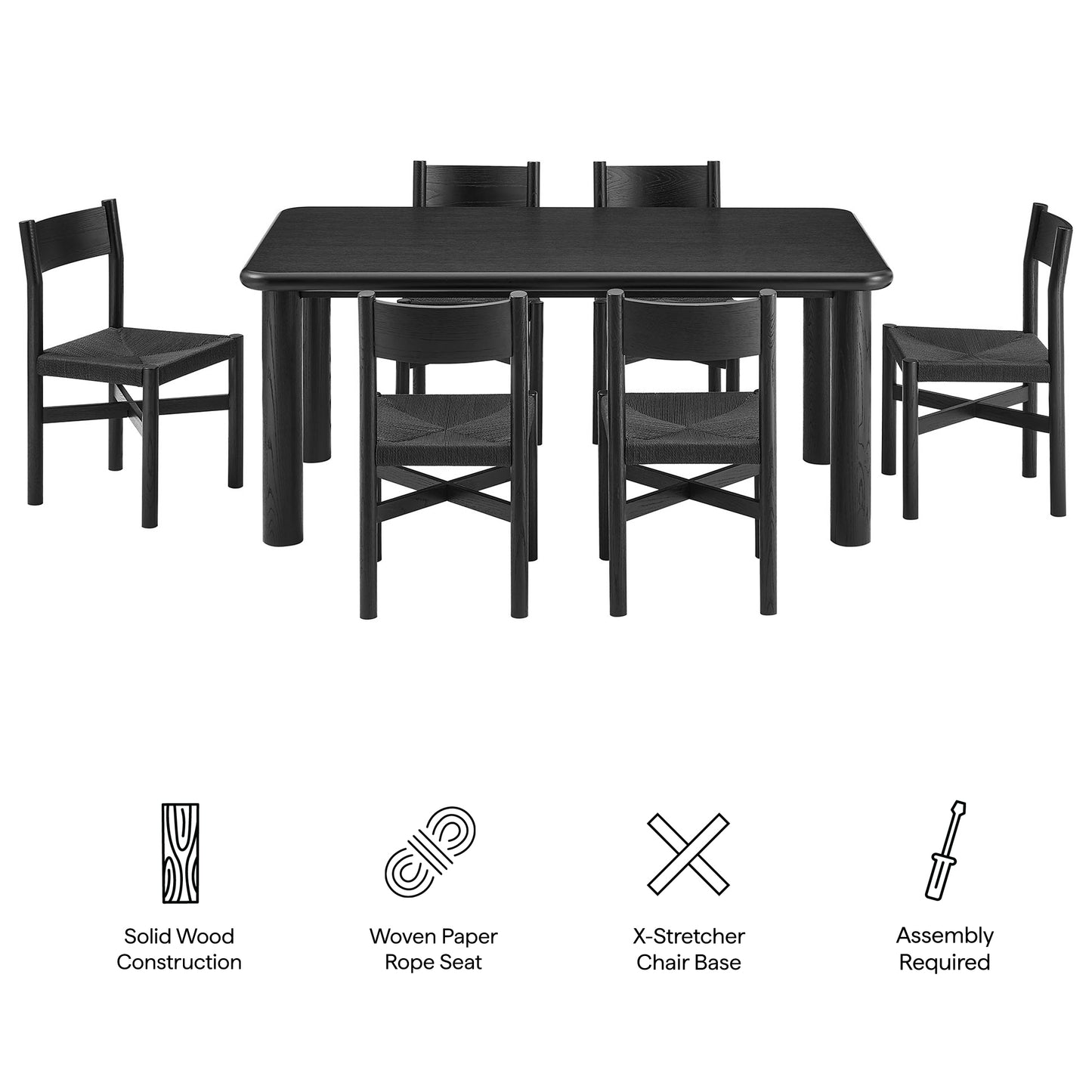 Wells 7-Piece Oak Wood Dining Table and Chairs Set in Black