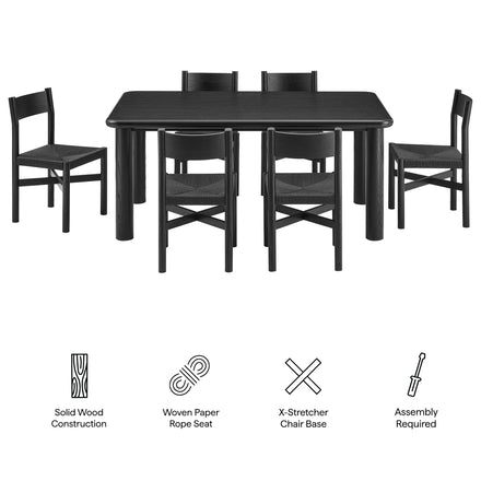 Alvia 7-Piece Oak Wood Dining Table and Chairs Set in Black