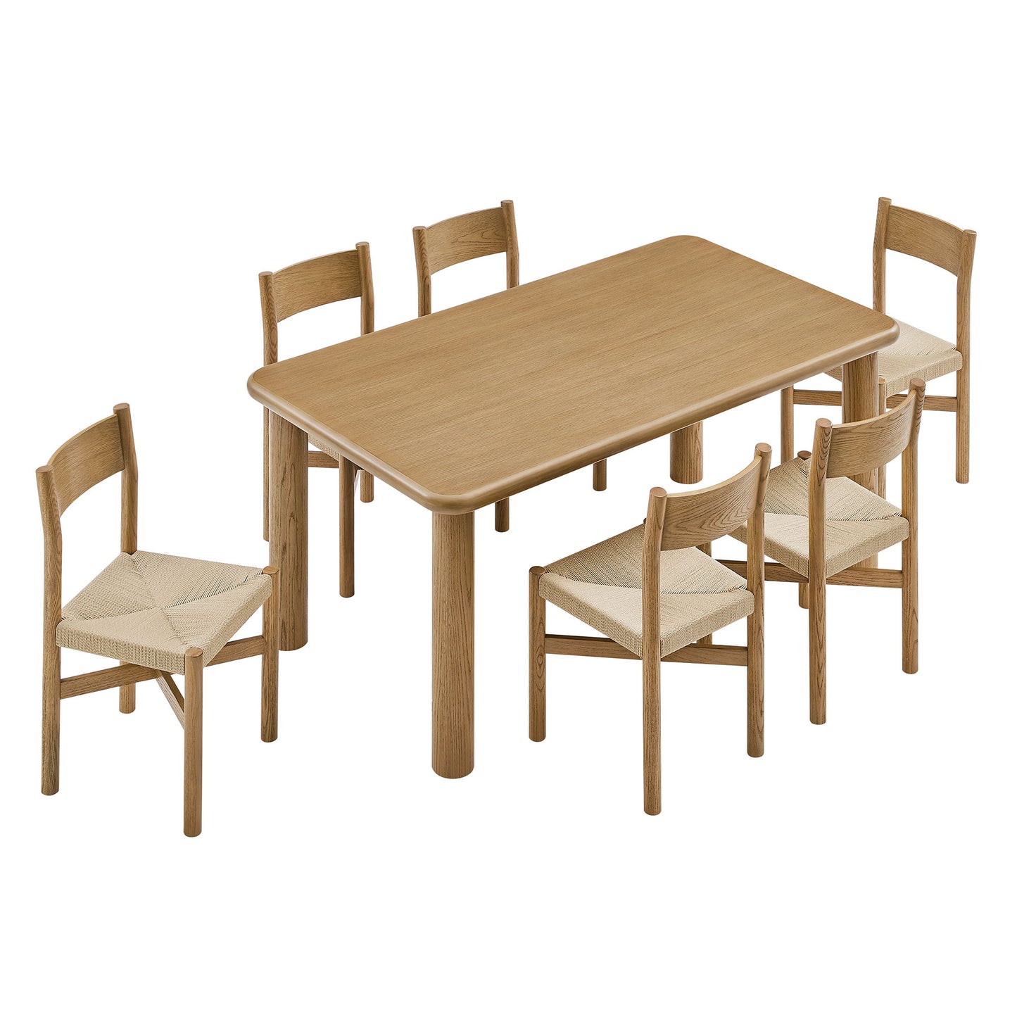 Wells 7-Piece Oak Wood Dining Table and Chairs Set in Weathered Oak