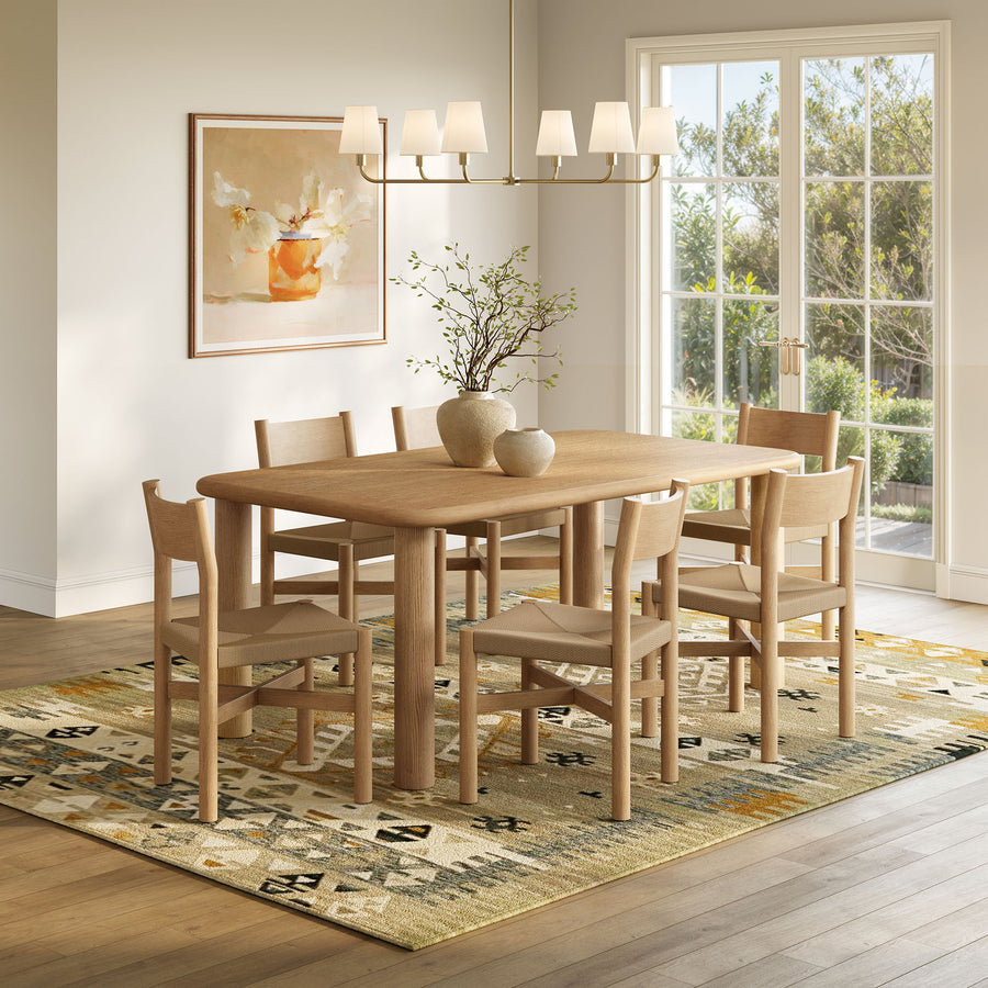 Wells 7-Piece Oak Wood Dining Table and Chairs Set in Weathered Oak