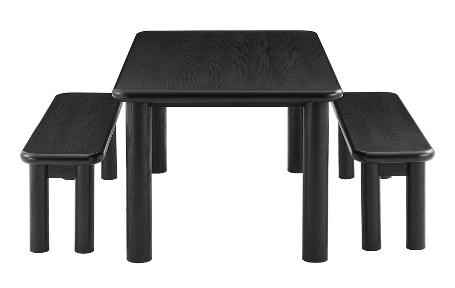 Wells 3-Piece Oak Wood Dining Table and Benches Set in Black