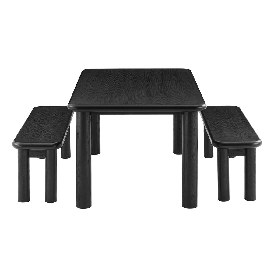 Wells 3-Piece Oak Wood Dining Table and Benches Set in Black