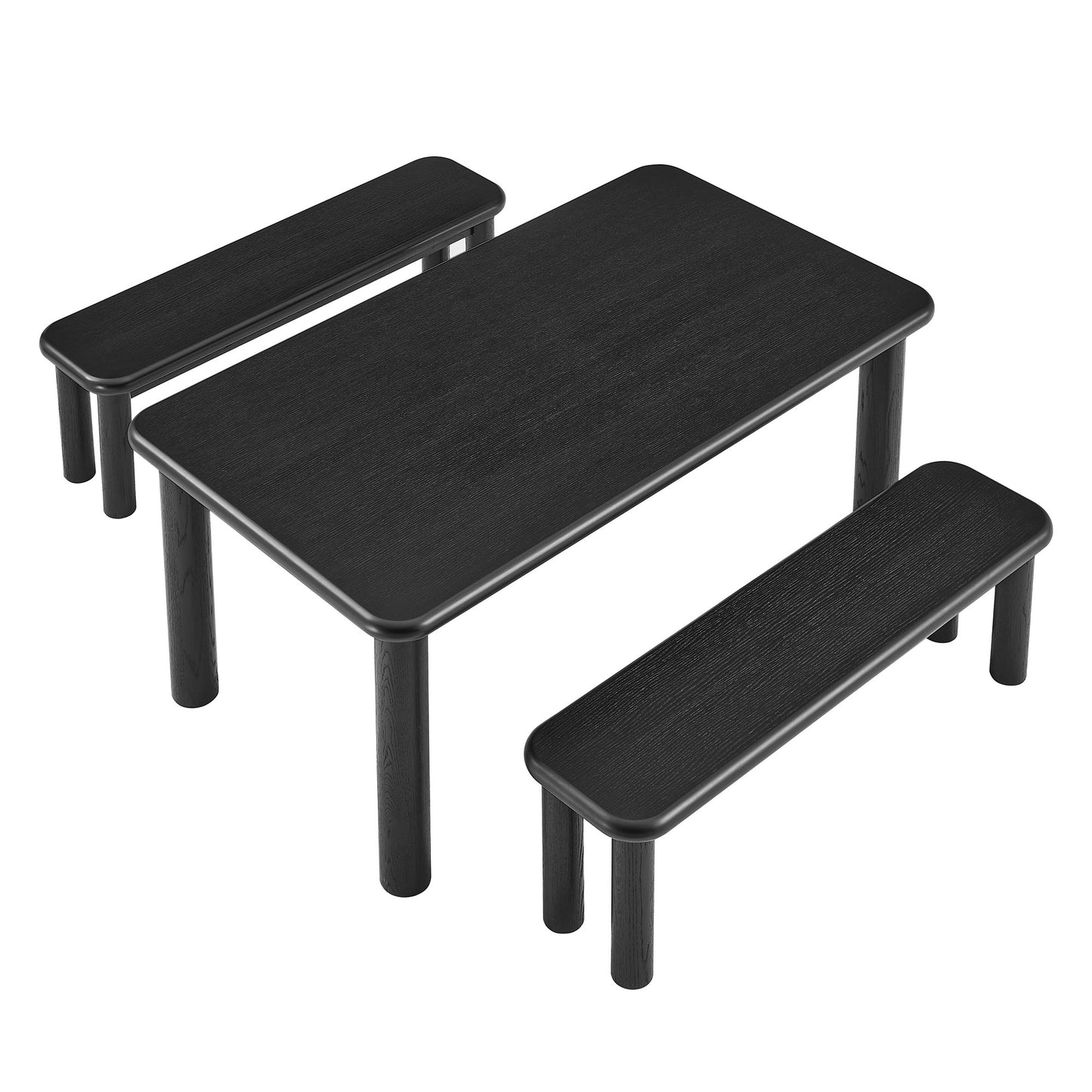 Wells 3-Piece Oak Wood Dining Table and Benches Set in Black