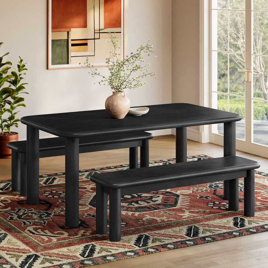 Wells 3-Piece Oak Wood Dining Table and Benches Set in Black