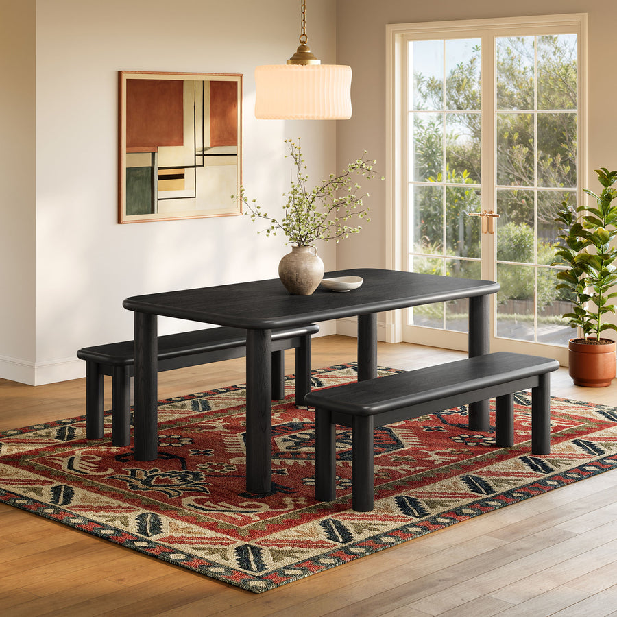Wells 3-Piece Oak Wood Dining Table and Benches Set in Black