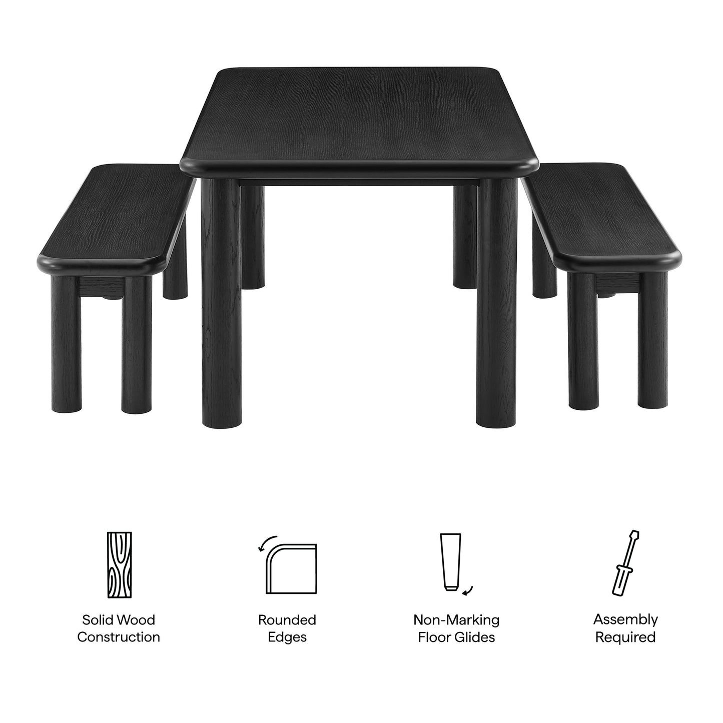 Wells 3-Piece Oak Wood Dining Table and Benches Set in Black