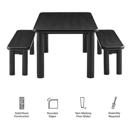 Alvia 3-Piece Oak Wood Dining Table and Benches Set in Black