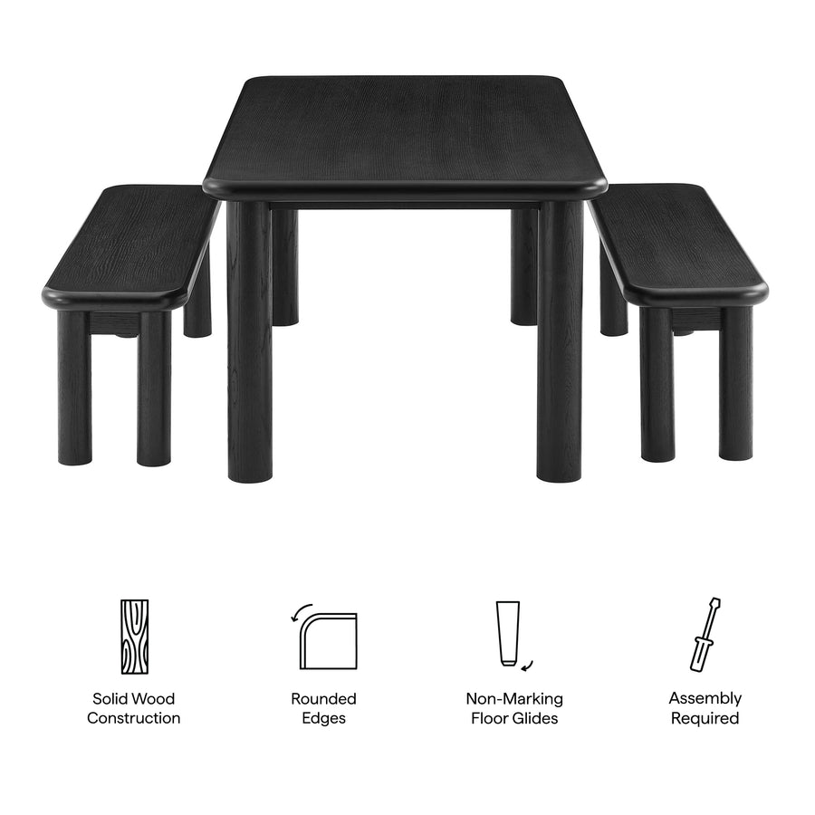 Wells 3-Piece Oak Wood Dining Table and Benches Set in Black