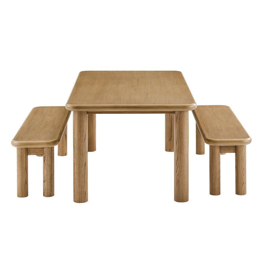 Wells 3-Piece Oak Wood Dining Table and Benches Set in Weathered Oak