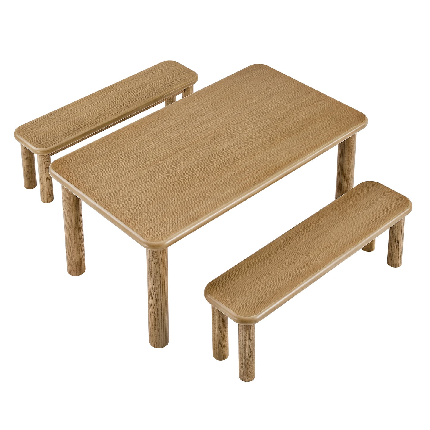 Wells 3-Piece Oak Wood Dining Table and Benches Set in Weathered Oak