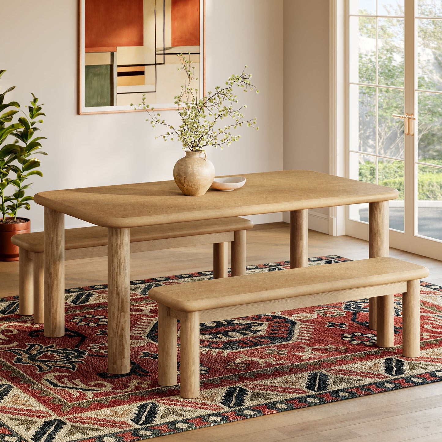 Wells 3-Piece Oak Wood Dining Table and Benches Set in Weathered Oak