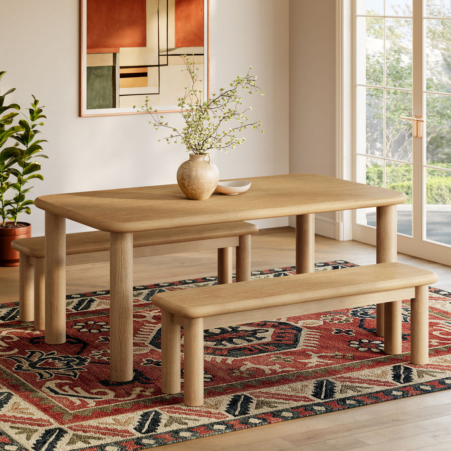 Wells 3-Piece Oak Wood Dining Table and Benches Set in Weathered Oak