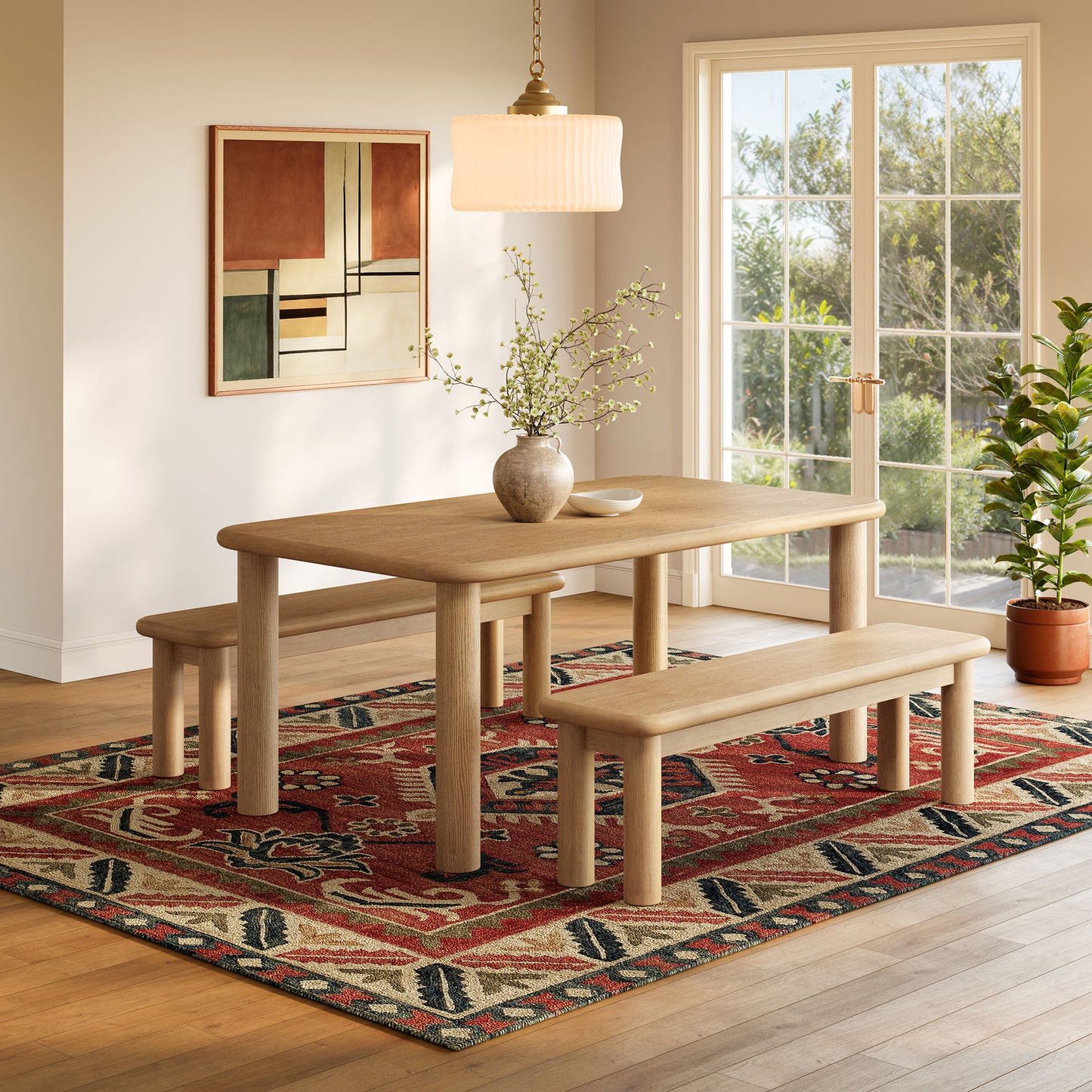 Wells 3-Piece Oak Wood Dining Table and Benches Set in Weathered Oak